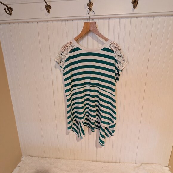 Anthropologie Little Yellow Button crochet shoulder green & white stripes  sz XL - Picture 3 of 9